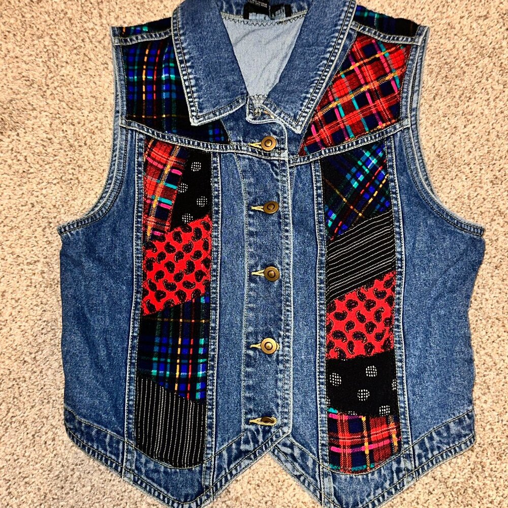Size S CAROLE LITTLE Sport Denim Jeans Patchwork Vest VINTAGE funky! Boho granny